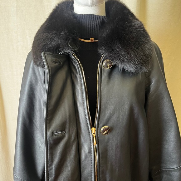 Vintage Black Leather Coat Removable Fox Fur Collar LNR Nordstrom Size‎ Large - Picture 10 of 11